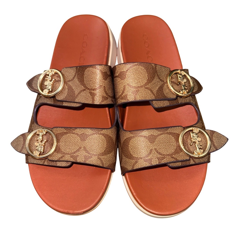 Coach Platform Slides Womens 7B Pre-Owned Sandals Brown Sig Monogram Gold Buckle